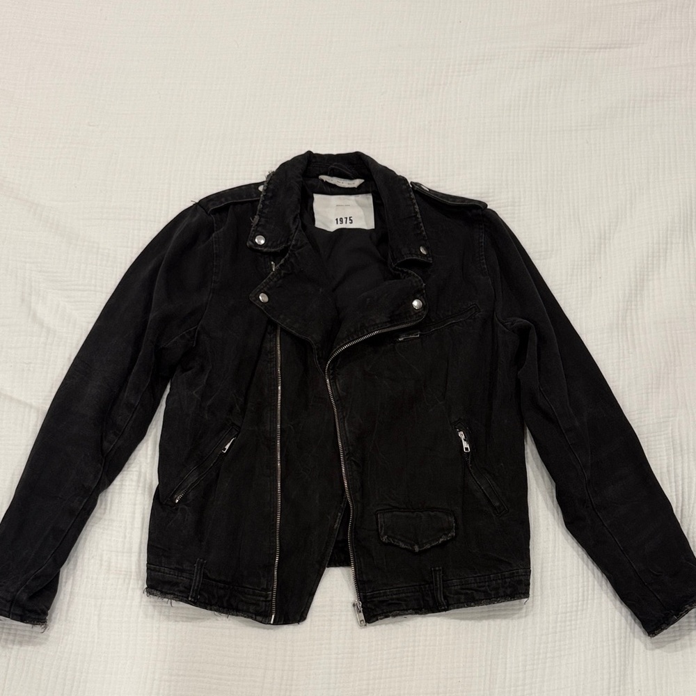 Zara Black Denim Moto Jacket Size M